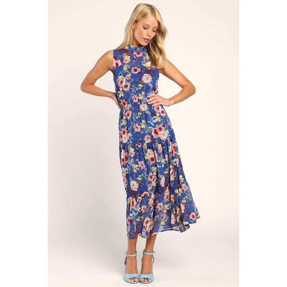Lulus In My Dreams Blue Floral Print Midi Dress - Size M